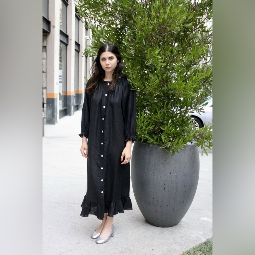 New! Sleeper Caviar Ruffled Off-Shoulder Black Button Front Midi Dress 🖤 OS - Picture 9 of 16